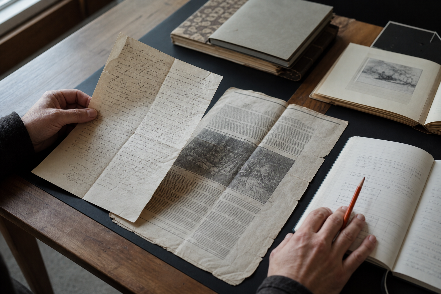 Handen vergelijken een oude brief, een krantenpagina en notities op een leestafel